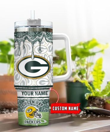 Green Bay Packers Nfl Glitter Custom Stanley Quencher 40Oz Stainless Steel Tumbler With Handle