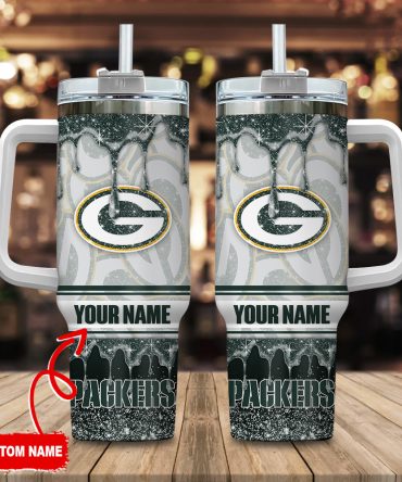 Green Bay Packers Nfl Glitter Custom Stanley Quencher 40Oz Stainless Steel Tumbler With Handle