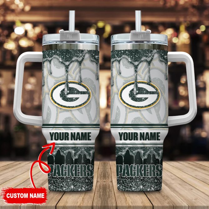 Green Bay Packers Nfl Glitter Custom Stanley Quencher 40Oz Stainless Steel Tumbler With Handle