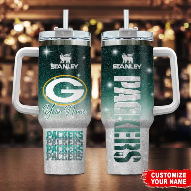Green Bay Packers Nfl Glitter Custom Stanley Quencher 40Oz Stainless Steel Tumbler With Handle