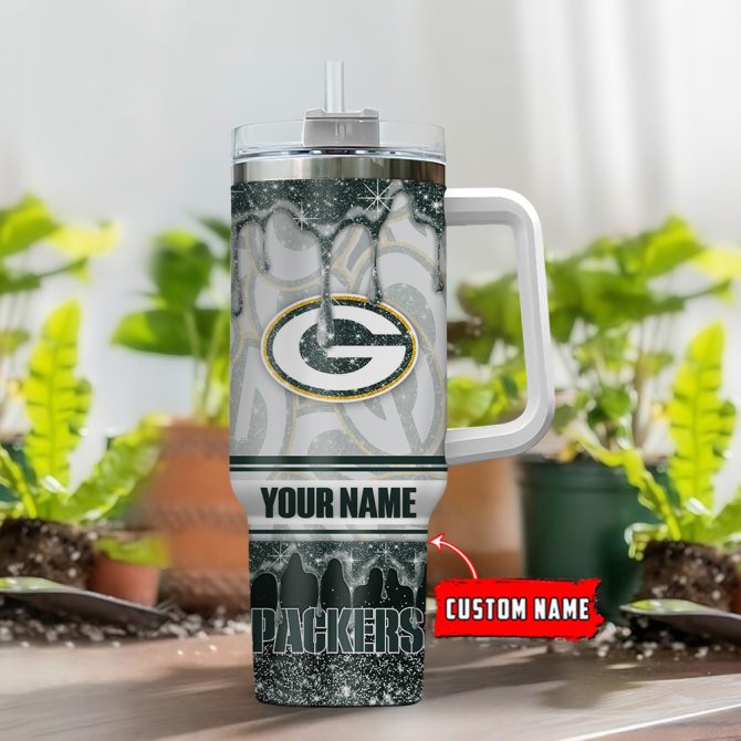 Green Bay Packers Nfl Glitter Custom Stanley Quencher 40Oz Stainless Steel Tumbler With Handle - Image 2
