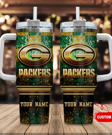 Green Bay Packers Nfl Glitter Golden Logo Custom Stanley Quencher 40Oz Stainless Steel Tumbler With Handle
