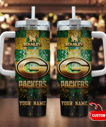 Green Bay Packers Nfl Glitter Golden Logo Custom Stanley Quencher 40Oz Stainless Steel Tumbler With Handle
