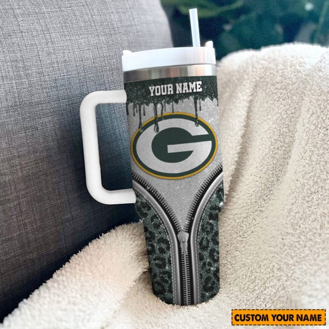 Green Bay Packers Nfl Glitter Leopard Print Custom Stanley Quencher 40Oz Stainless Steel Tumbler With Handle - Image 3