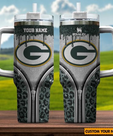 Green Bay Packers Nfl Glitter Leopard Print Custom Stanley Quencher 40Oz Stainless Steel Tumbler With Handle