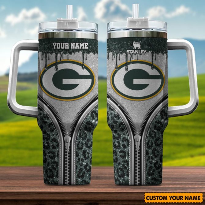 Green Bay Packers Nfl Glitter Leopard Print Custom Stanley Quencher 40Oz Stainless Steel Tumbler With Handle