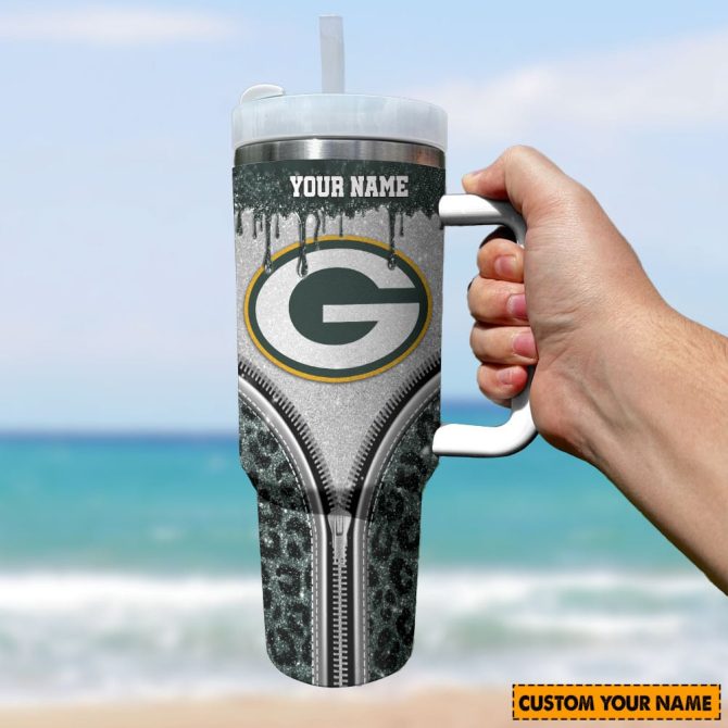 Green Bay Packers Nfl Glitter Leopard Print Custom Stanley Quencher 40Oz Stainless Steel Tumbler With Handle - Image 2