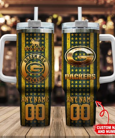 Green Bay Packers Nfl Golden Logos Us Flag Custom Stanley Quencher 40Oz Stainless Steel Tumbler With Handle