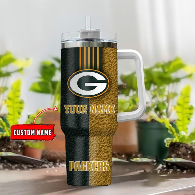 Green Bay Packers Nfl Leather Effect Custom Stanley Quencher 40Oz Stainless Steel Tumbler With Handle - Image 2