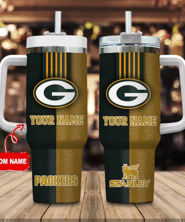 Green Bay Packers Nfl Leather Effect Custom Stanley Quencher 40Oz Stainless Steel Tumbler With Handle