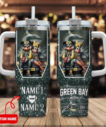 Green Bay Packers Nfl Mickey And Minnie Couple Custom Stanley Quencher 40Oz Stainless Steel Tumbler With Handle