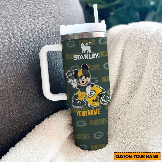 Green Bay Packers Nfl Mickey Mouse Custom Stanley Quencher 40Oz Stainless Steel Tumbler With Handle - Image 3