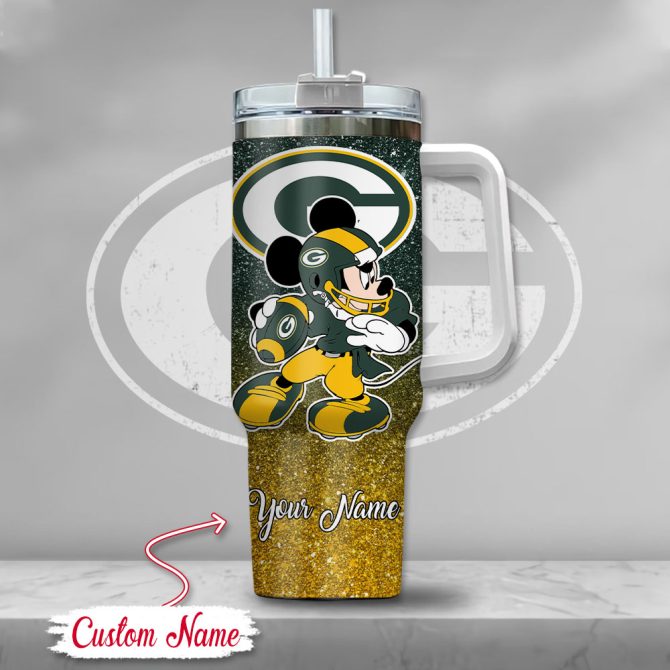 Green Bay Packers Nfl Mickey Mouse Glitter Custom Stanley Quencher 40Oz Stainless Steel Tumbler With Handle - Image 2
