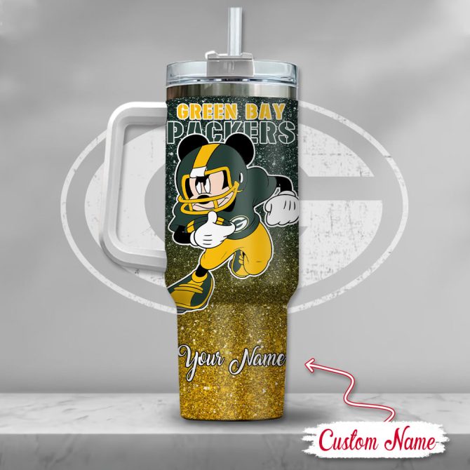 Green Bay Packers Nfl Mickey Mouse Glitter Custom Stanley Quencher 40Oz Stainless Steel Tumbler With Handle - Image 3