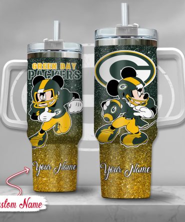 Green Bay Packers Nfl Mickey Mouse Glitter Custom Stanley Quencher 40Oz Stainless Steel Tumbler With Handle