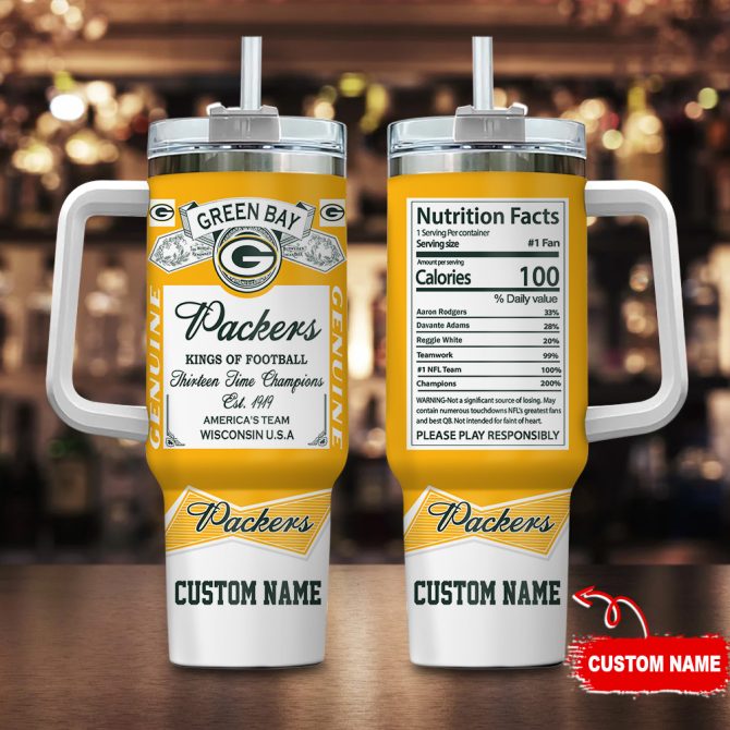 Green Bay Packers Nfl Nutrition Facts Custom Stanley Quencher 40Oz Stainless Steel Tumbler With Handle