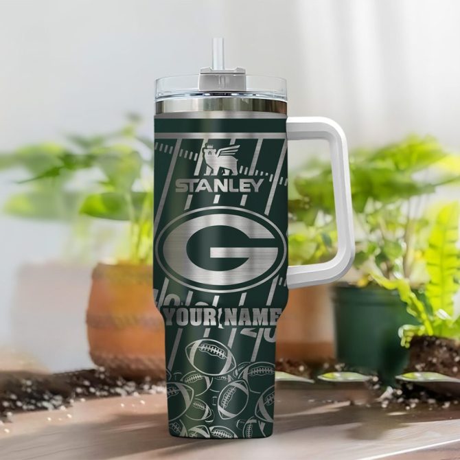 Green Bay Packers Nfl Silver Custom Stanley Quencher 40Oz Stainless Steel Tumbler With Handle - Image 2