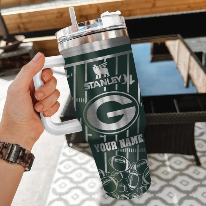Green Bay Packers Nfl Silver Custom Stanley Quencher 40Oz Stainless Steel Tumbler With Handle - Image 3