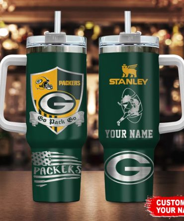 Green Bay Packers Nfl Silver Logo Custom Stanley Quencher 40Oz Stainless Steel Tumbler With Handle