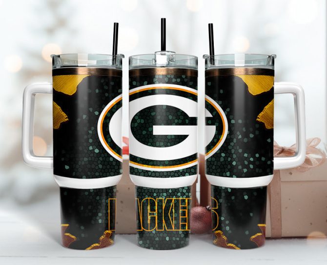 Green Bay Packers Nfl Stained Glass Effect Custom Stanley Quencher 40Oz Stainless Steel Tumbler With Handle
