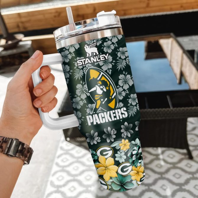 Green Bay Packers Nfl Tropical Floral Custom Stanley Quencher 40Oz Stainless Steel - Image 3