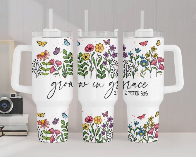 Grow In Grace Christian Faith Floral Custom Stanley Quencher 40Oz Stainless Steel Tumbler With Handle