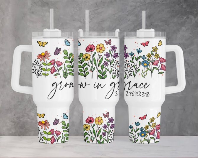 Grow In Grace Christian Faith Floral Custom Stanley Quencher 40Oz Stainless Steel Tumbler With Handle - Image 2