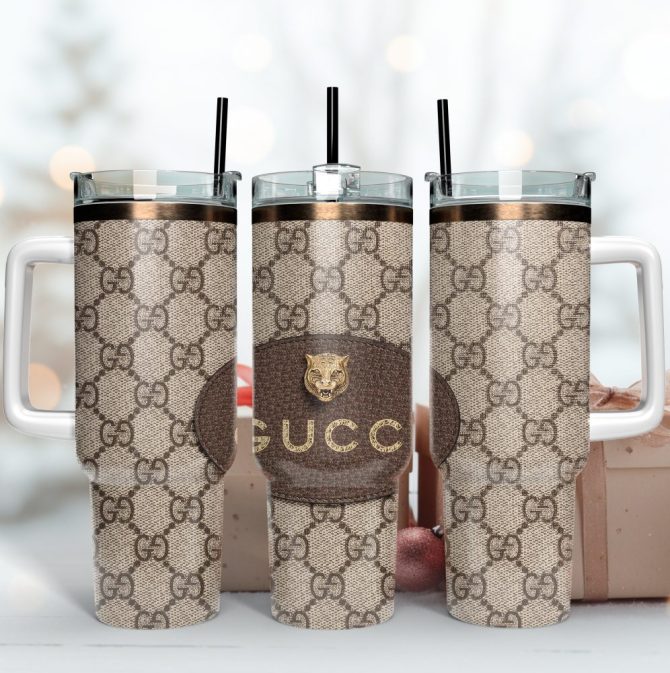 Gucci Leather Pattern Custom Stanley Quencher 40Oz Stainless Steel Tumbler With Handle