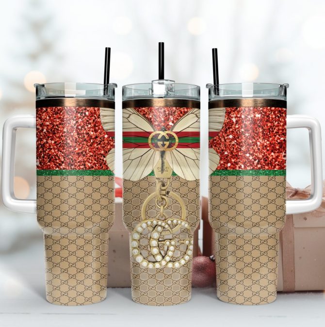 Gucci Logo Butterfly Pattern Custom Stanley Quencher 40Oz Stainless Steel Tumbler With Handle