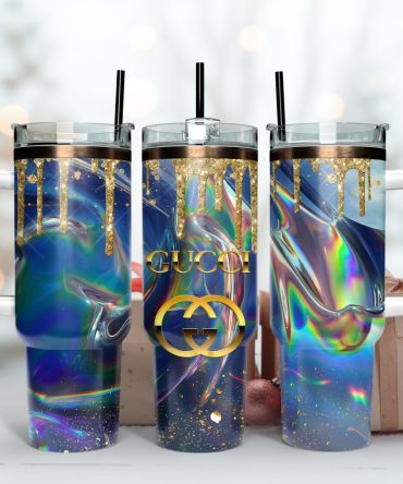 Gucci Logo Glitter Metallic Holographic Pattern Custom Stanley Quencher 40Oz Stainless Steel Tumbler With Handle