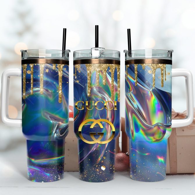 Gucci Logo Glitter Metallic Holographic Pattern Custom Stanley Quencher 40Oz Stainless Steel Tumbler With Handle