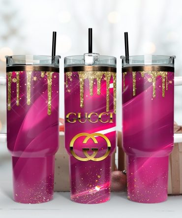 Gucci Logo Glitter Pink Pattern Custom Stanley Quencher 40Oz Stainless Steel Tumbler With Handle