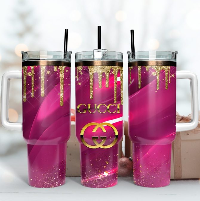 Gucci Logo Glitter Pink Pattern Custom Stanley Quencher 40Oz Stainless Steel Tumbler With Handle