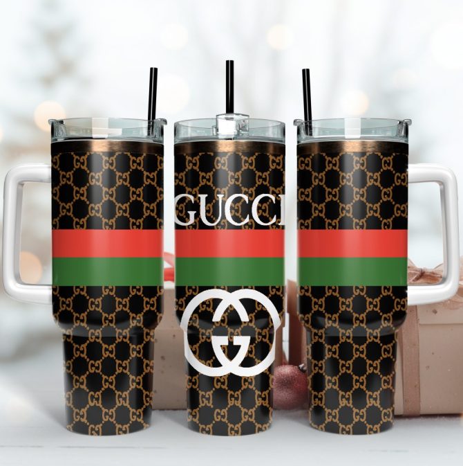 Gucci Logo Pattern Custom Stanley Quencher 40Oz Stainless Steel Tumbler With Handle