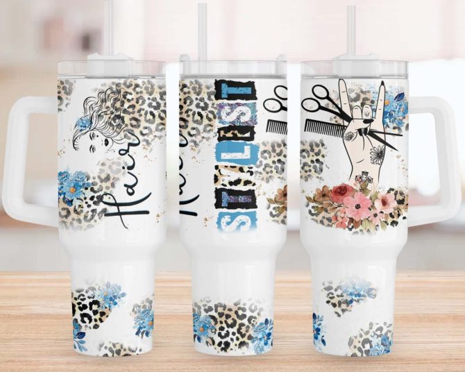 Hair Stylist Leopard Print Custom Stanley Quencher 40Oz Stainless Steel Tumbler With Handle
