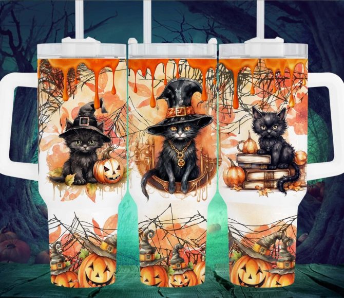 Halloween Black Cat Pumpkin Custom Stanley Quencher 40Oz Stainless Steel Tumbler With Handle