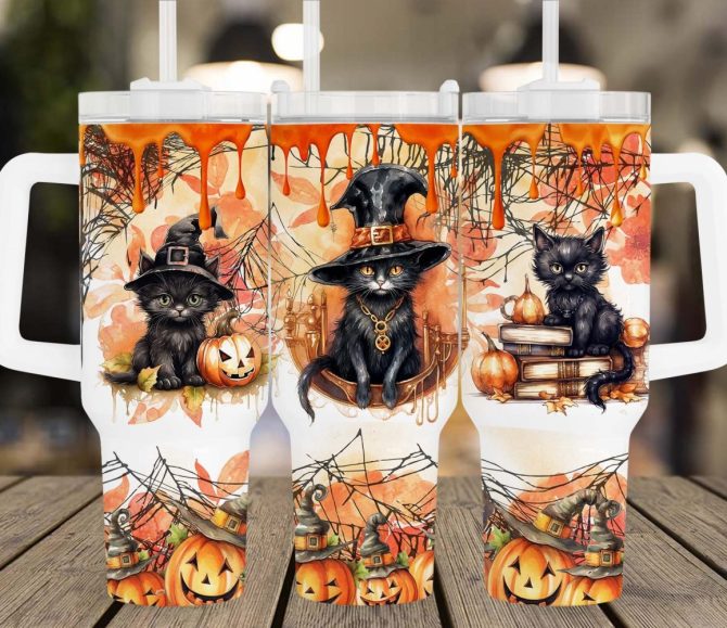 Halloween Black Cat Pumpkin Custom Stanley Quencher 40Oz Stainless Steel Tumbler With Handle - Image 2