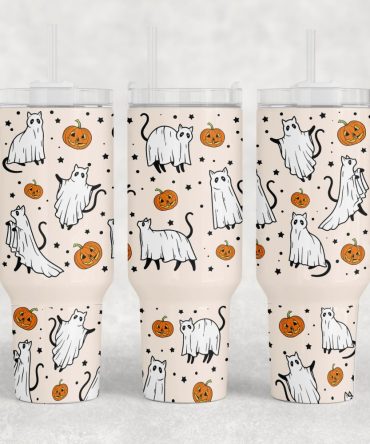 Halloween Cute Ghost Cat Custom Stanley Quencher 40Oz Stainless Steel Tumbler With Handle