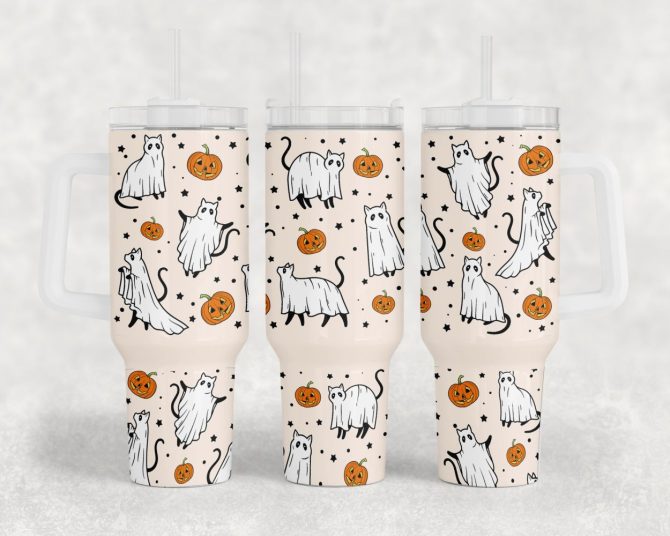 Halloween Cute Ghost Cat Custom Stanley Quencher 40Oz Stainless Steel Tumbler With Handle