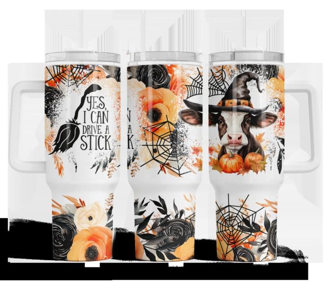 Halloween Floral Cow Witch Vibes Custom Stanley Quencher 40Oz Stainless Steel Tumbler With Handle