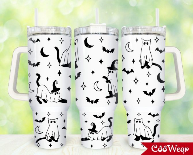 Halloween Ghost Cat Custom Stanley Quencher 40Oz Stainless Steel Tumbler With Handle