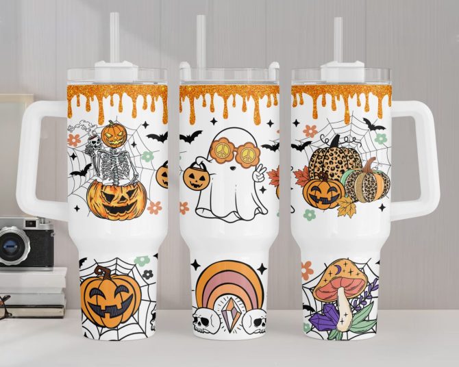 Halloween Ghost Pumpkin Custom Stanley Quencher 40Oz Stainless Steel Tumbler With Handle