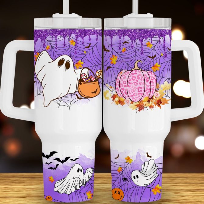 Halloween Ghost Pumpkin Custom Stanley Quencher 40Oz Stainless Steel Tumbler With Handle - Image 2