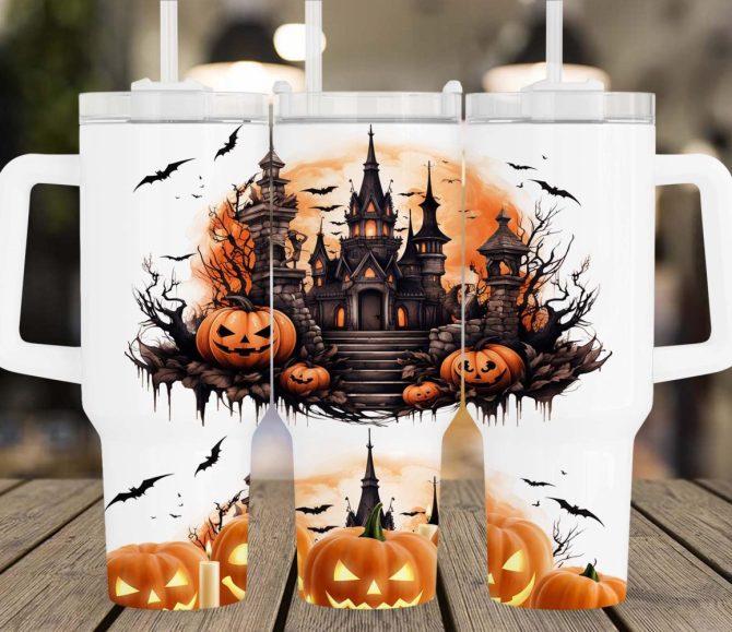 Halloween Haunted Castle Custom Stanley Quencher 40Oz Stainless Steel Tumbler With Handle - Image 2