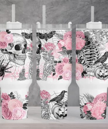 Halloween Pink Gothic Skull And Flowers Custom Stanley Quencher 40Oz Stainless Steel Tumbler With Handle