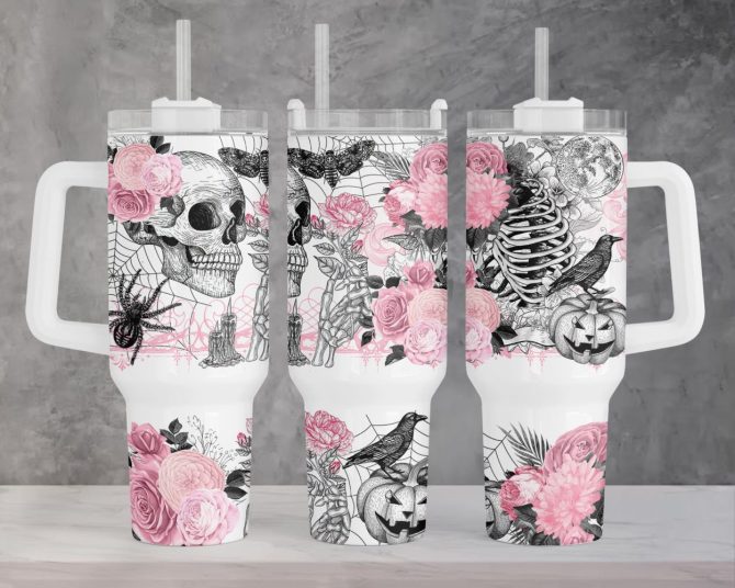 Halloween Pink Gothic Skull And Flowers Custom Stanley Quencher 40Oz Stainless Steel Tumbler With Handle