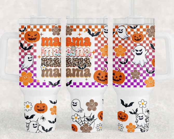 Halloween Retro Checkered Mama Custom Stanley Quencher 40Oz Stainless Steel Tumbler With Handle