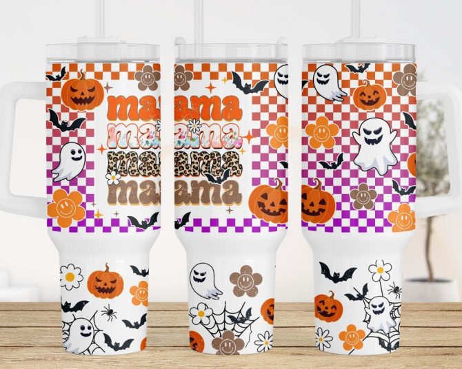 Halloween Retro Checkered Mama Custom Stanley Quencher 40Oz Stainless Steel Tumbler With Handle - Image 3