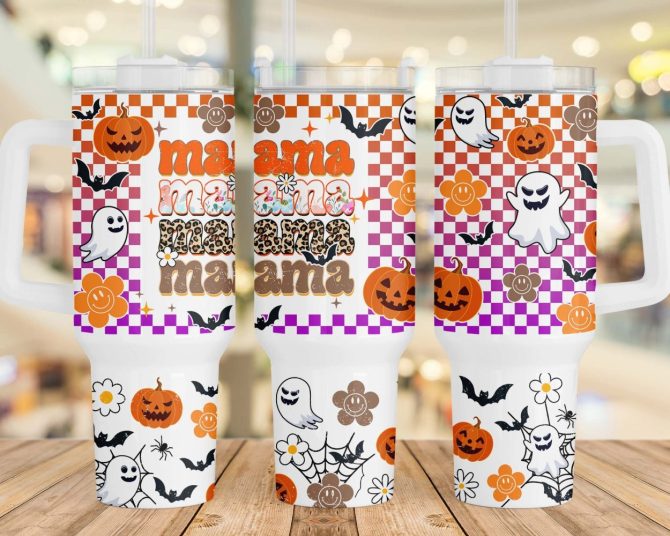 Halloween Retro Checkered Mama Custom Stanley Quencher 40Oz Stainless Steel Tumbler With Handle - Image 2