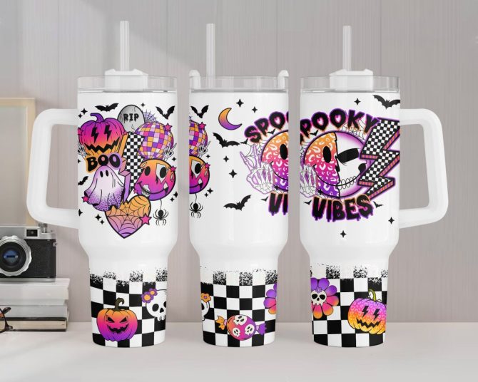Halloween Retro Spooky Vibes Custom Stanley Quencher 40Oz Stainless Steel Tumbler With Handle - Image 2